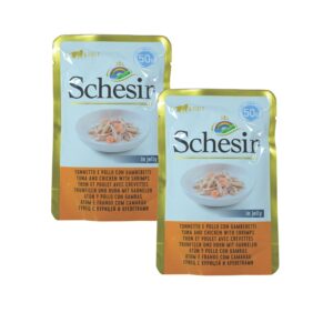 Schesir Premium Cat Wet Food Whole Meat Tuna,Chicken & Shrimp with Rice in Jelly,High Protein, Gentle Digestion,Natural Omega-Rich,50 Gm All Life Stages