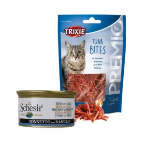 Schesir Tuna & Hake in Jelly Cat Wet Food (85g) + Premio Tuna Bites (50g) Protein-Rich Meal & Treat Combo for Cats Real Seafood Gentle Digestion No Artificial Colors or Preservatives