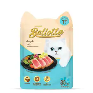 High-quality Bellotta tuna cat food for adult cats, 85g pack, rich in taurine, vitamins, and mineral.