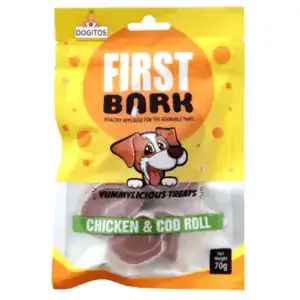 Dog treat package with chicken and cod roll for small dogs.