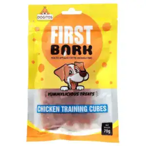 Dog treat package with First Bark Chicken Training Cubes for puppies and dogs.