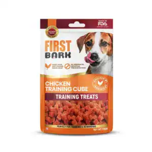Dog training treats in cube form for puppies, made with chicken and no artificial preservatives.