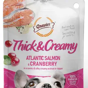 Salmon and cranberry dog treats in a creamy, savory pouch for dogs.