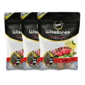 Pack of WiseBones Salmon with Lemon dog treats for healthy, tasty chewing.
