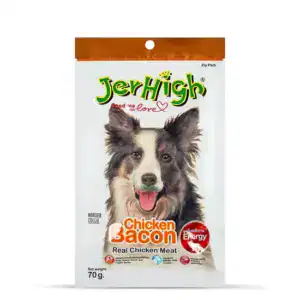 Dog treat package featuring a Border Collie with a happy expression.