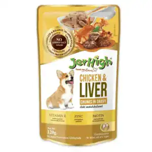 JerHigh Chicken & Liver wet dog food with chunks in gravy for healthy pets.
