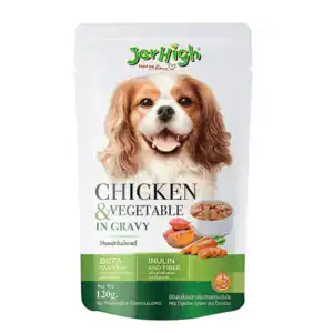 JerHigh chicken and vegetable wet dog food in a resealable pouch.