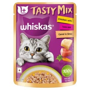 WHISKAS® Adult (1+ Year) Tasty Mix Wet Cat Food Made with Real Fish, Chicken with Tuna and Carrot in Gravy -80gm* 12