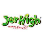 Charwaha logo with playful "JerHigh" text and "Feed me with love" slogan, emphasizing pet treats and.