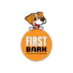 A dog cartoon character with glasses and a playful expression, sitting above a "First Bark" logo.