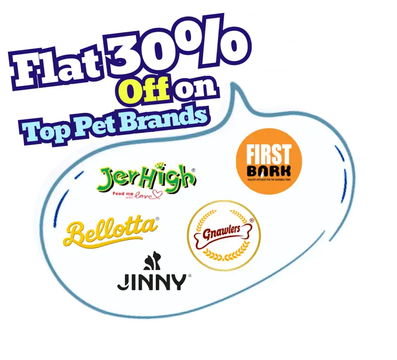 Promotional banner offering 30% off on top pet brands including JerHigh, Bellotta, and First Bark.